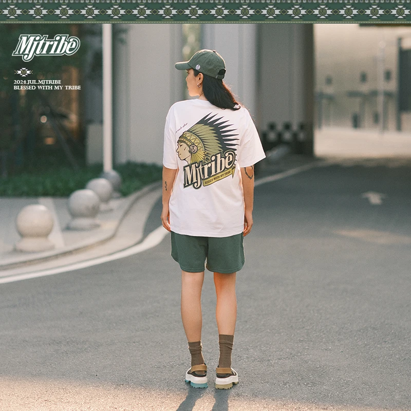 顽童MJFRESH Tribe夜光羽冠印花潮流宽松圆领短袖T恤男女同款