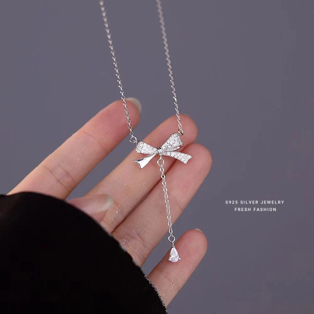 坠链均足银 【19JXL0303微镶蝴蝶结水滴套链】女纯银轻奢小众高级