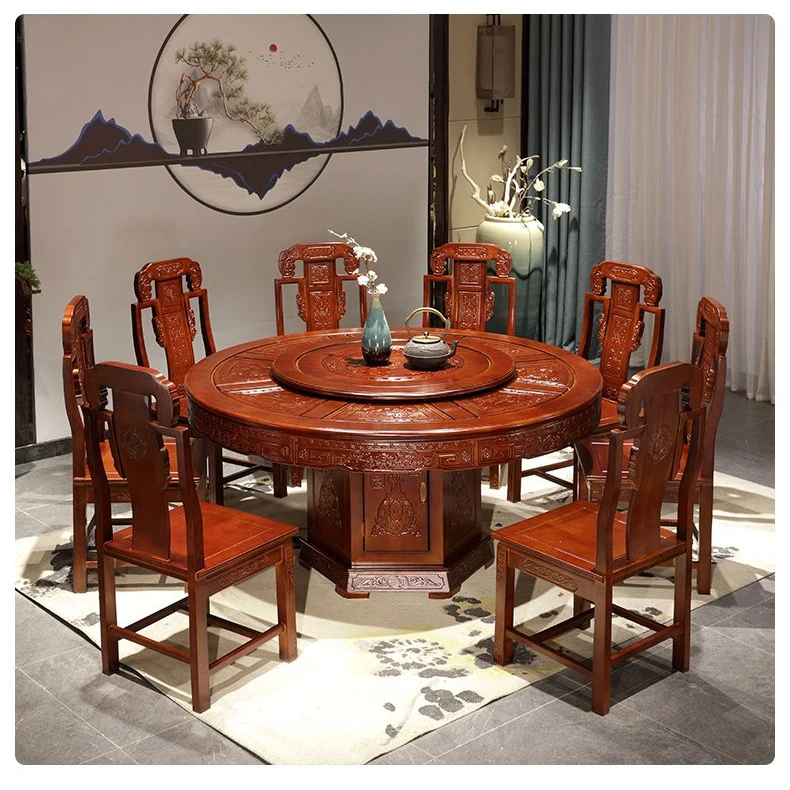 全实木中式圆形餐优质家用带转盘橡木雕花饭桌酒店餐厅大圆吃饭桌