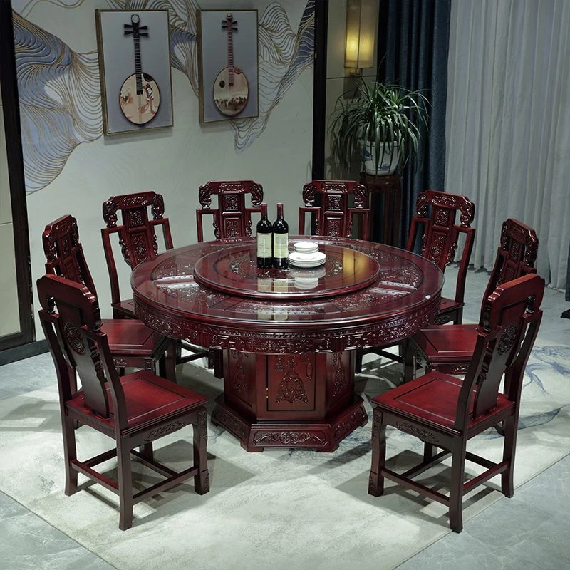 全实木餐桌椅组合橡木红木中式仿古雕花大圆桌饭店家用带转盘餐桌