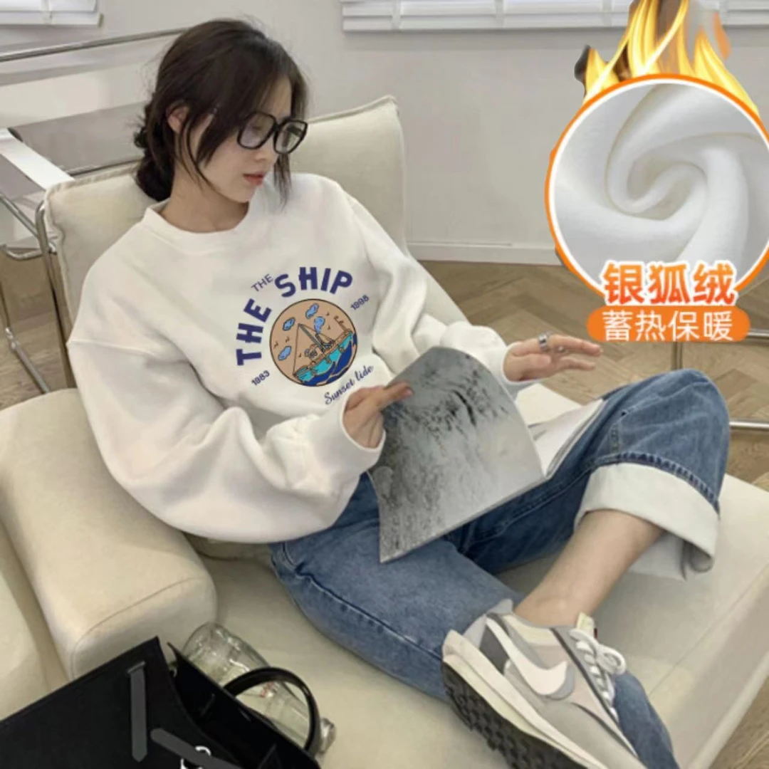 2024新款秋冬常规加绒上衣长袖感圆领卫衣潮