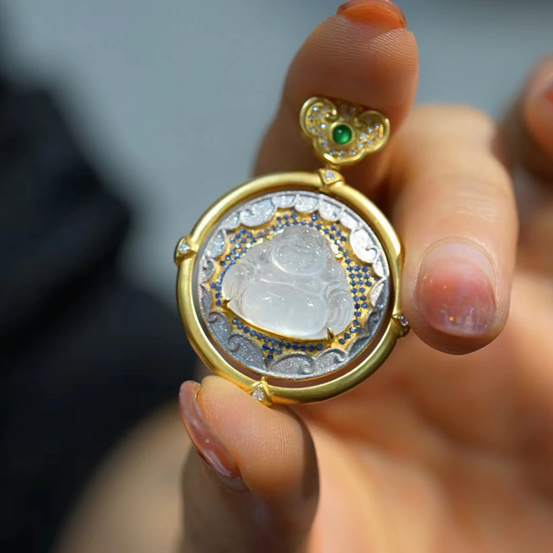 【细水长流】18k金镶嵌翡翠佛公吊坠