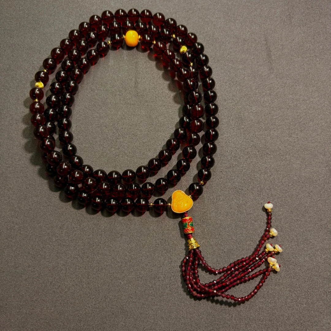 【亿轩珠宝】ZX103011血珀108毛衣链diy石榴石&橘皮8-10mm+