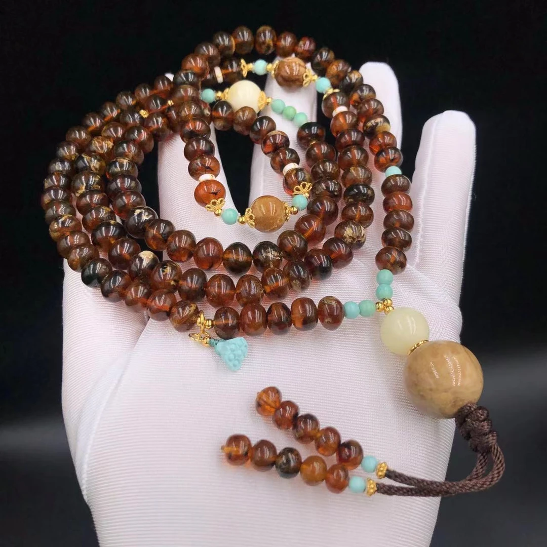 【亿轩珠宝】抚顺琥珀毛衣链diy绿松&白蜡8-10-11-17mm+ZX044205