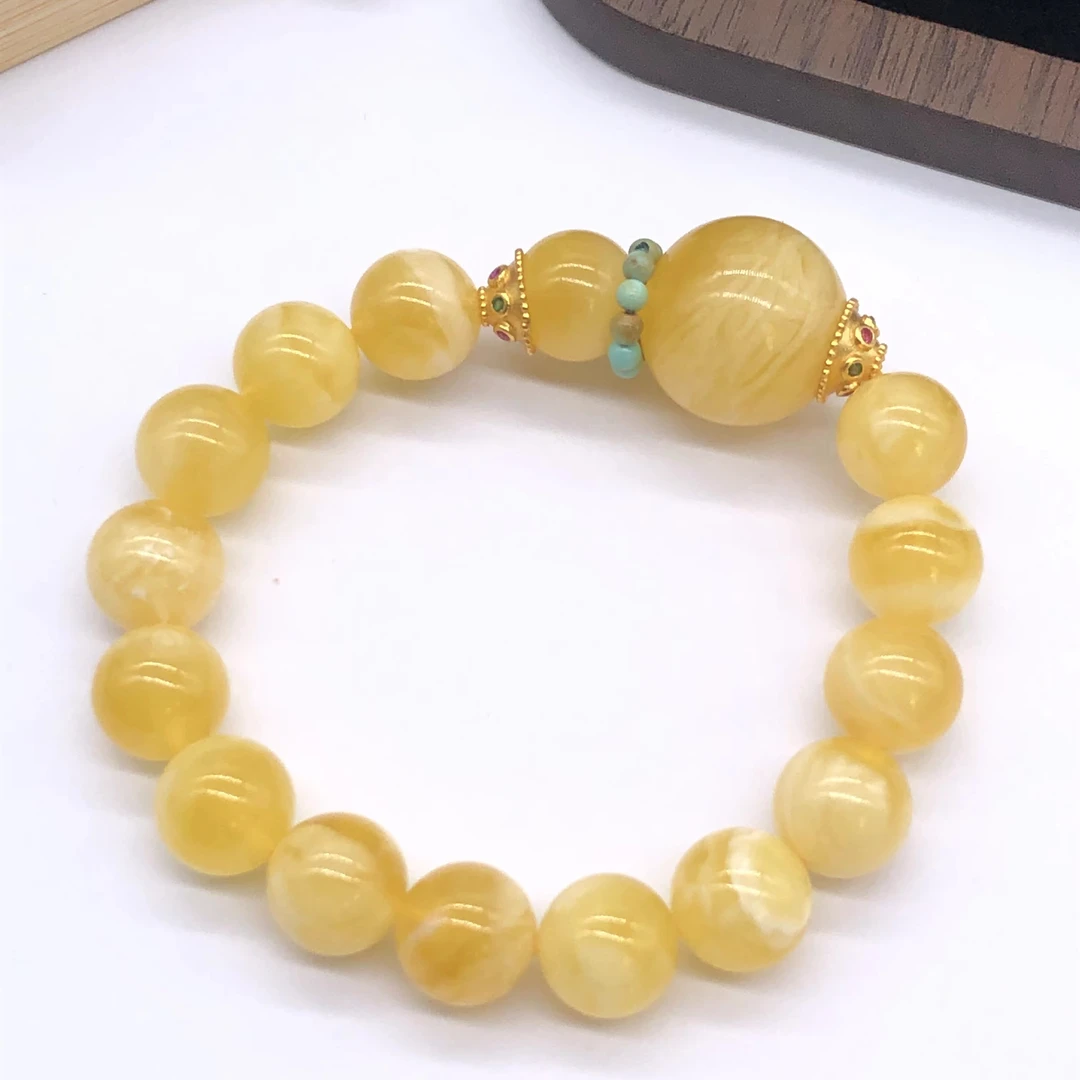 【亿轩珠宝】ZX093111黄白花金白圆珠单圈手串diy绿松11-17mm+