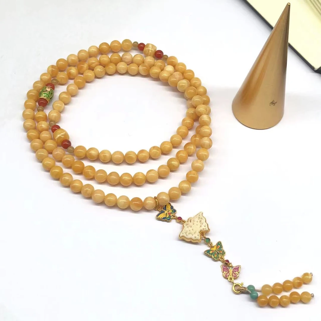 【亿轩珠宝】ZX097111花蜡108毛衣链diy猛犸蝴蝶&南红6mm+