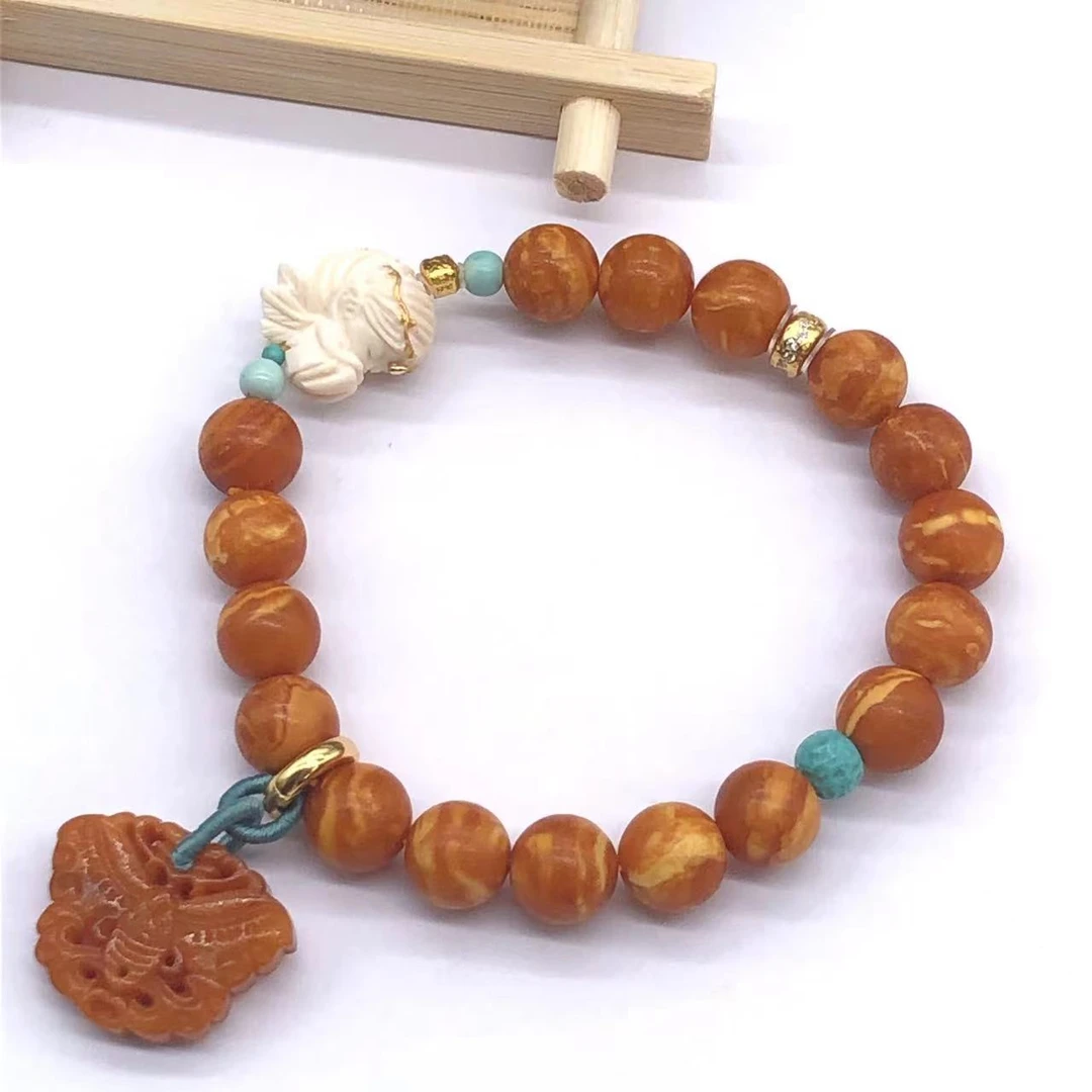 【亿轩珠宝】ZX091311橘皮花蜡单圈手串diy猛犸&绿松9mm+