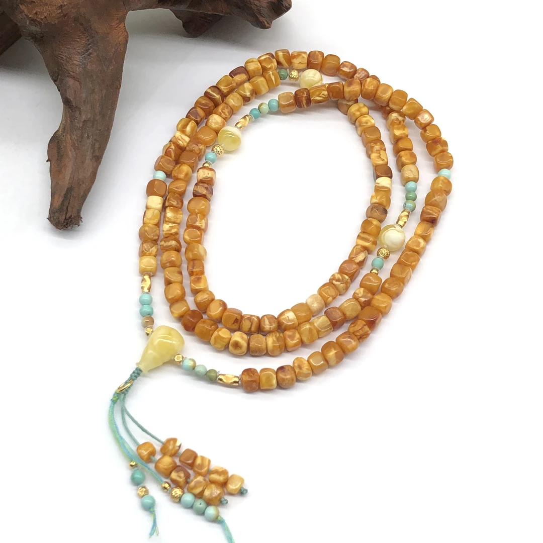 【亿轩珠宝】ZX096311花蜡方糖108毛衣链diy绿松&金白5-7mm+