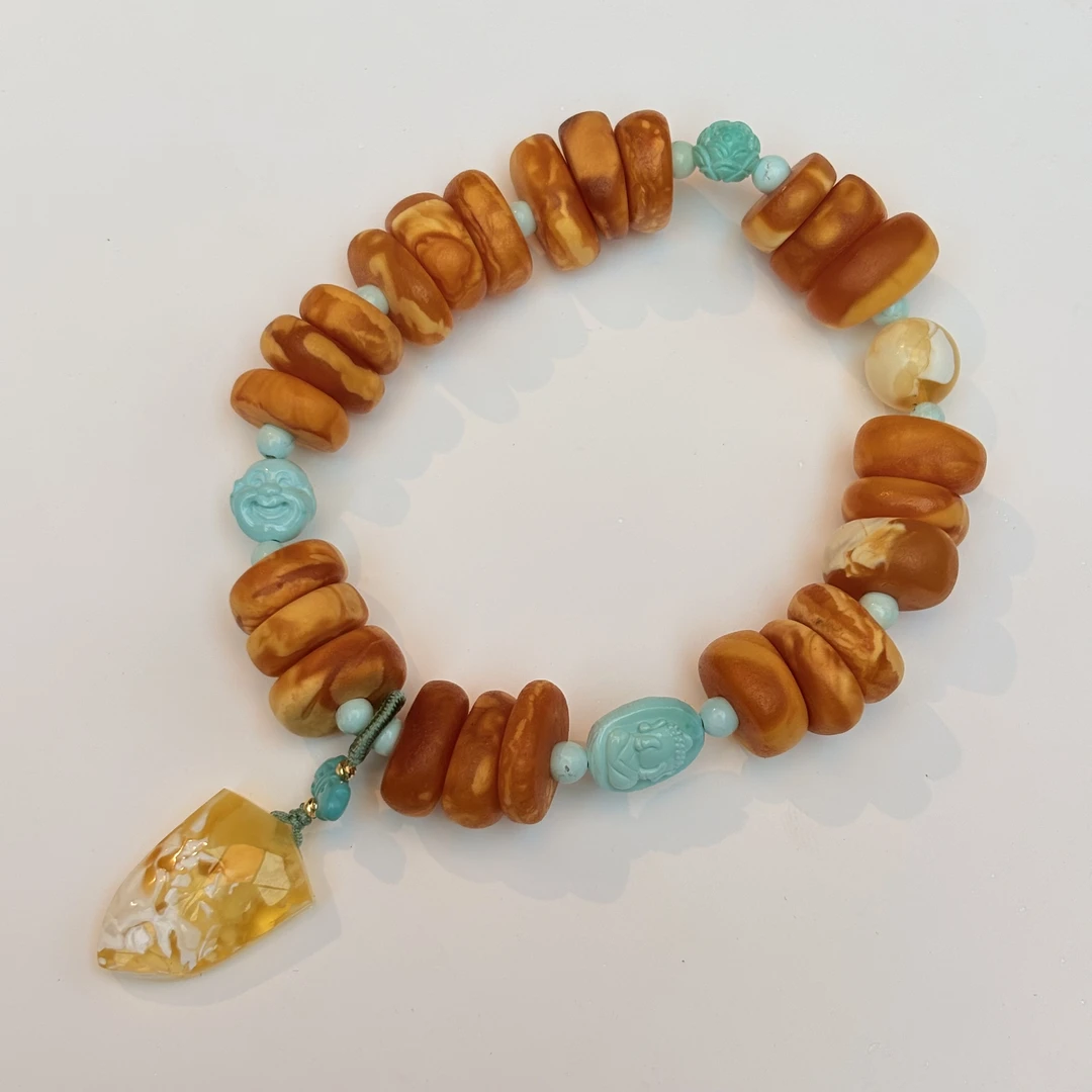 【亿轩珠宝】ZX107512石膏橘皮花蜡饼子单圈手串diy盾牌&绿松3-9mm+