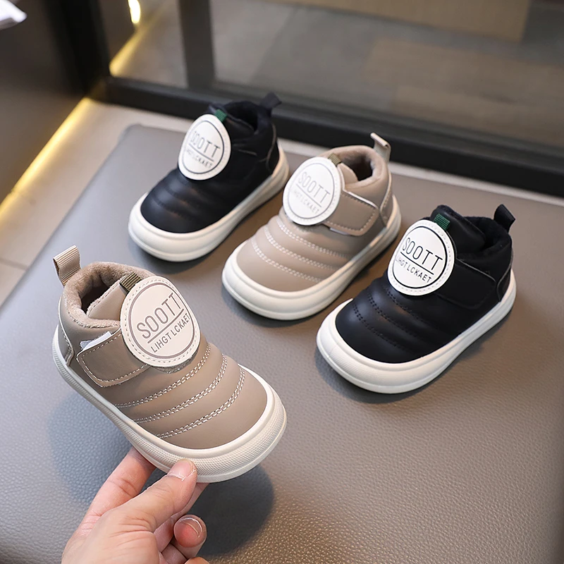 男童秋冬二棉加绒靴子皮面保暖女宝儿童软底防滑鞋子3-5-7岁棉鞋