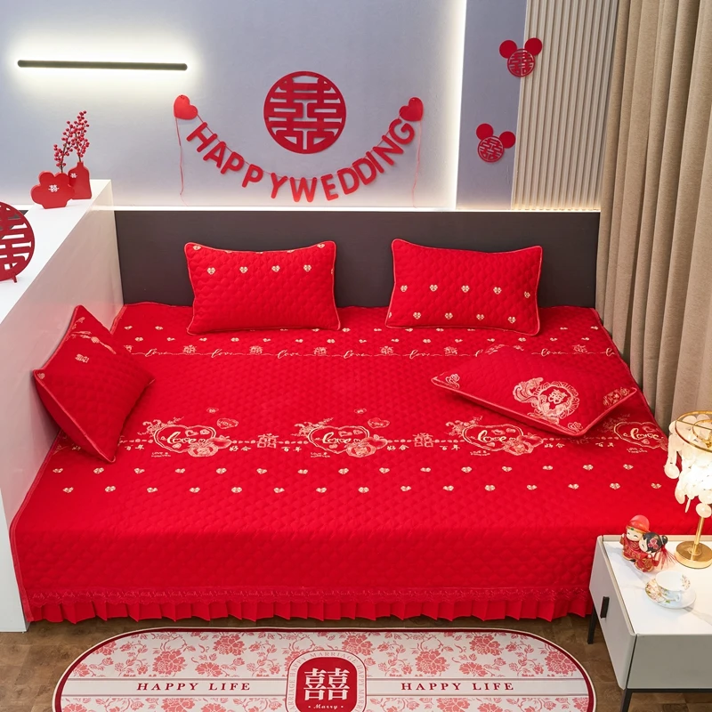 定制榻榻米床盖单件加厚纯棉大红防滑床单结婚婚庆夹棉炕盖三件套