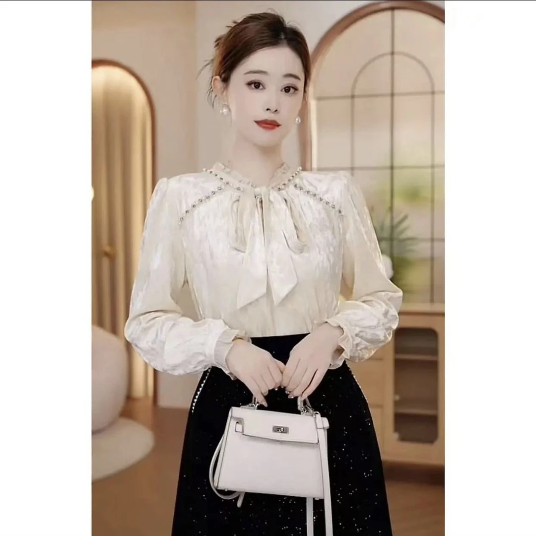 两面穿洋气法式时尚长袖丝绒秋冬休闲新款钉珠刺绣衬衫气质小衫