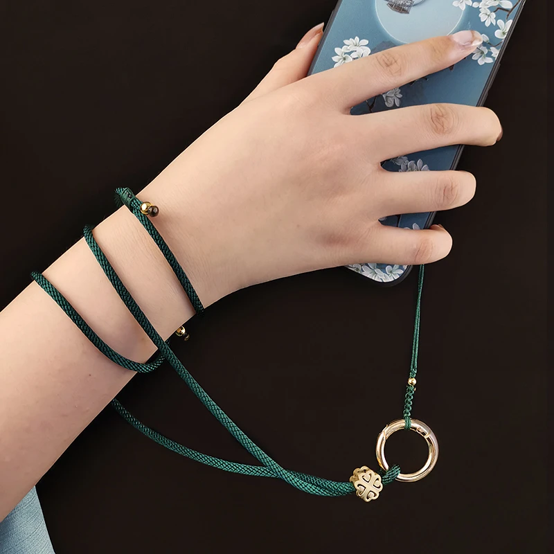 手机挂绳长款手工编织中国风复古四叶草黄铜吊坠挂件男女款挂脖结