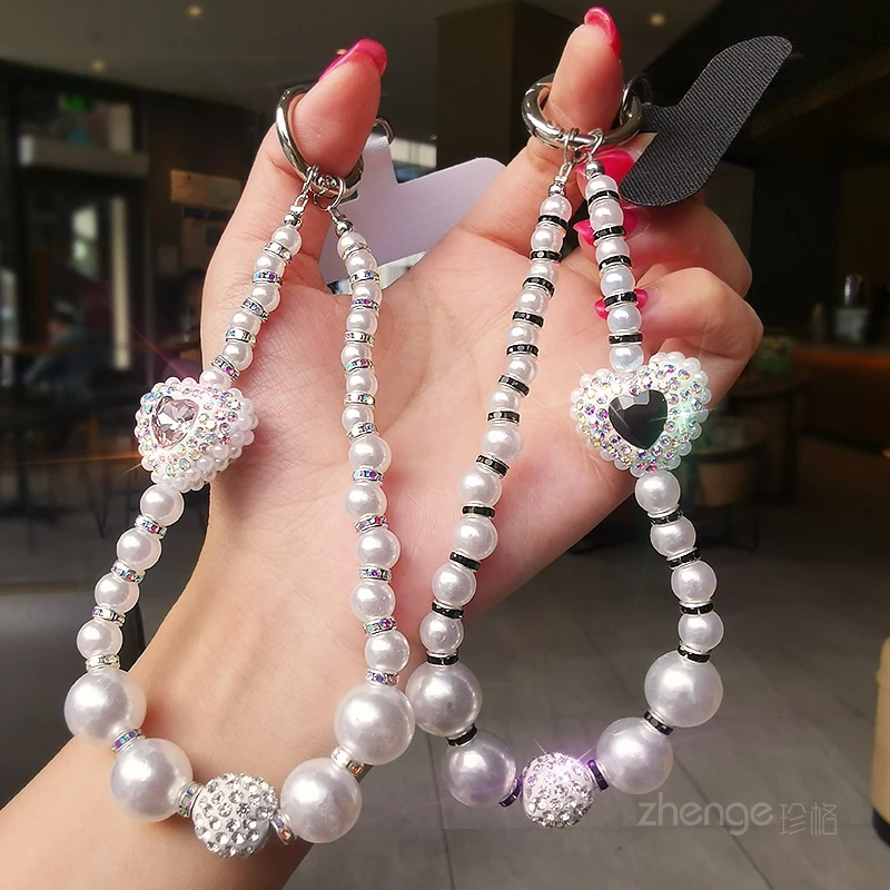 夹钻珍珠爱心手链手机挂绳手提手腕挂饰挂链短款夹片式手机壳通用