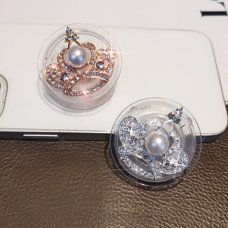 手机支架伸缩指环扣水钻皇冠珍珠粘贴式带桌面支撑架手机壳后背贴