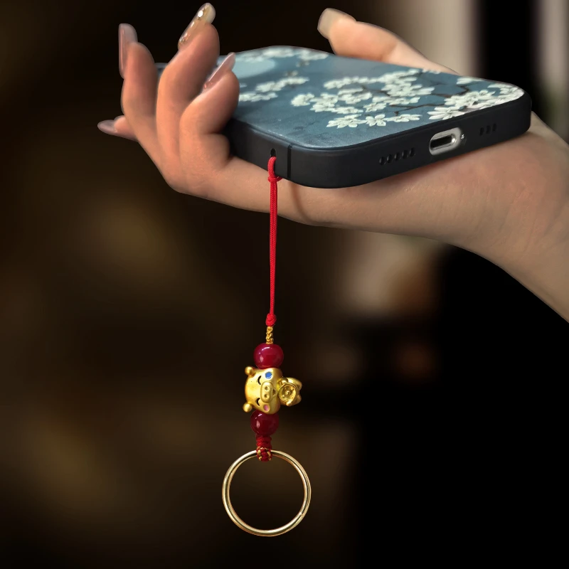 十二生肖吉祥物手机挂件挂绳本命年沙金黄铜国潮古风防丢挂指吊绳