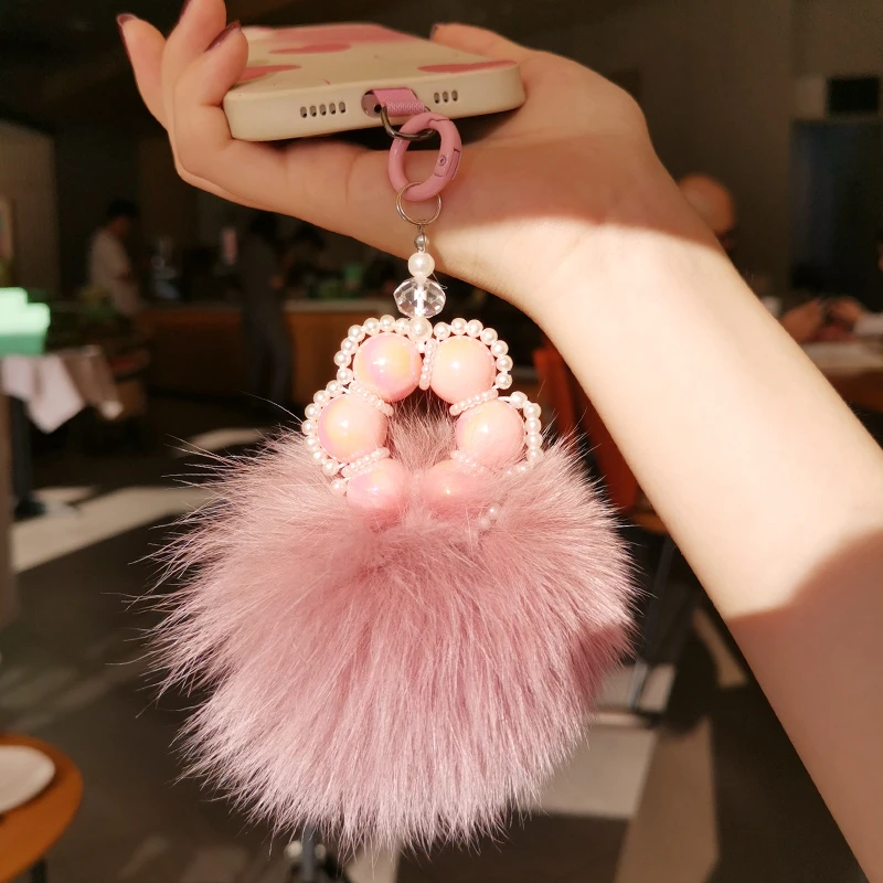手机挂绳毛球串珠绕指柔柔软手机挂饰女款卡条式手机壳通用毛绒