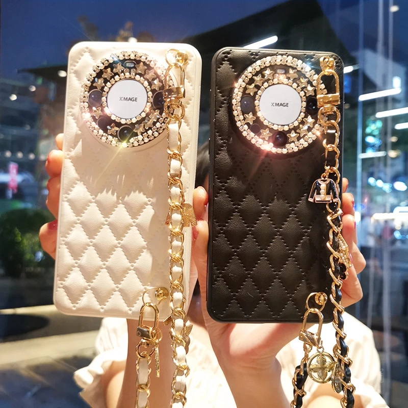 适用华为mate60promate60手机壳ins女款满钻镜头皮质菱格网红