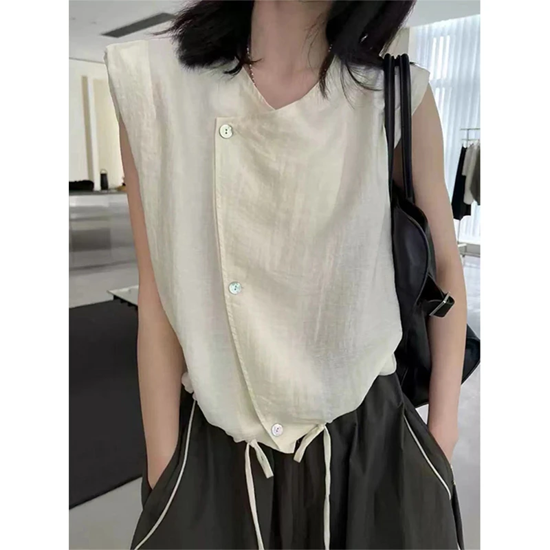 设计感小众欧货夏季2024无袖V领衬衫女上衣时尚小个子短款小衫潮