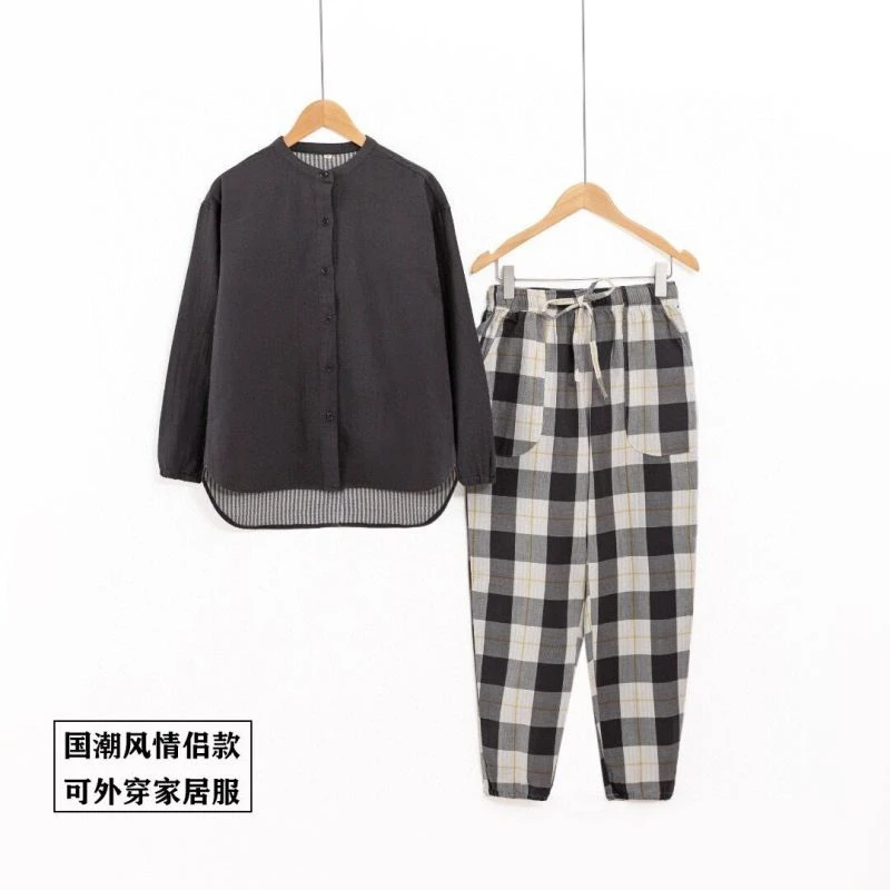 中式国潮风情侣立领居家服全棉中厚双层纱长袖可外穿女士休闲套装