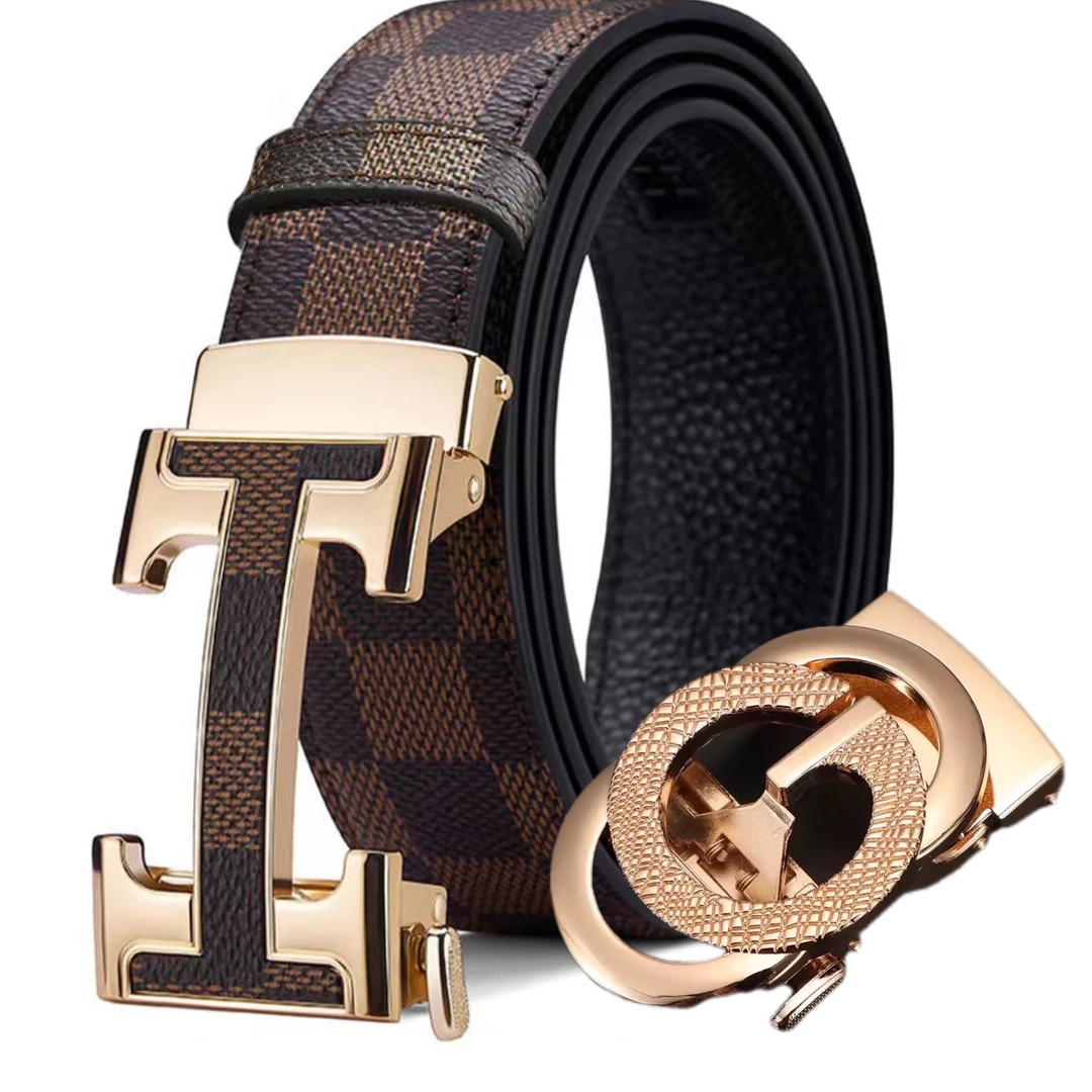 新款8G+H扣头男士格纹真皮高档自动扣腰带休闲百搭商务牛皮男耐用