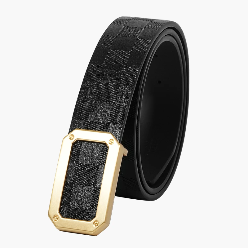 轻奢男士真皮牛皮皮带平滑扣空板牛皮方格腰带男商务正装青年裤带