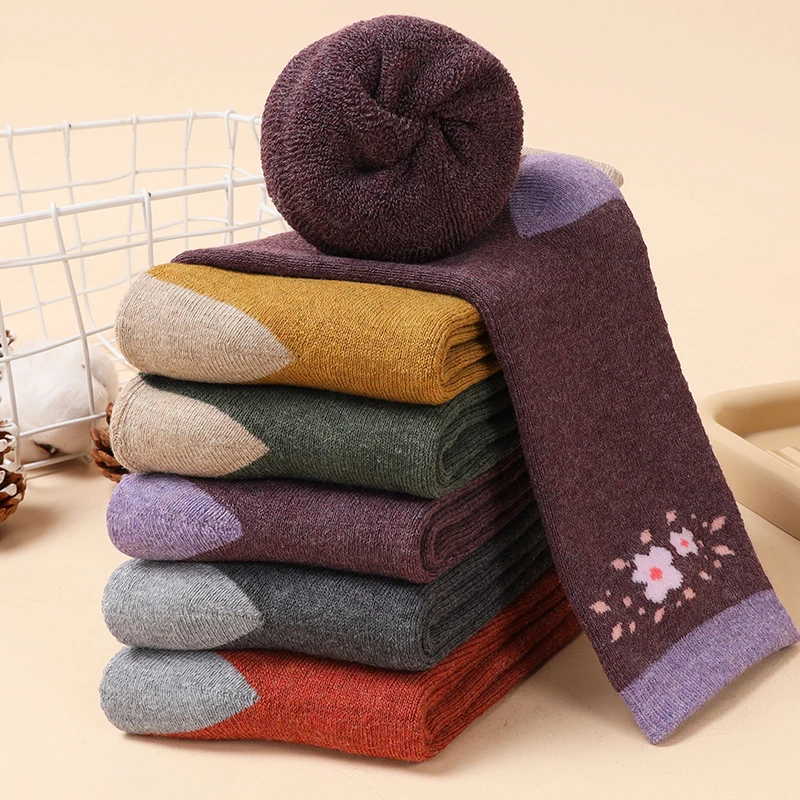 毛巾加绒秋冬加厚毛圈袜花袜子妈妈袜复古提花袜中长款中筒袜保暖
