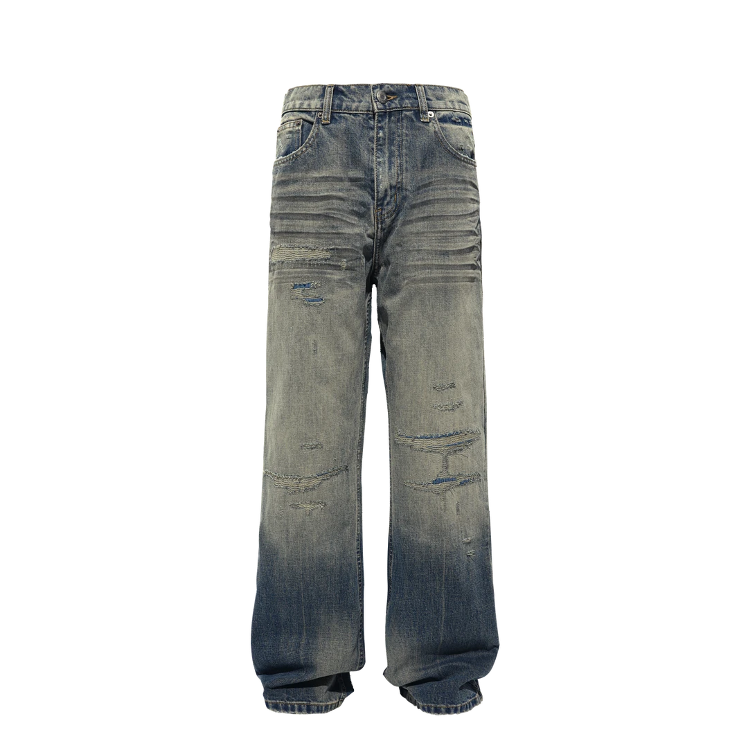 SKPN秋冬新品dirtyfit脏染手工破坏缝补做旧自然落色直筒牛仔裤