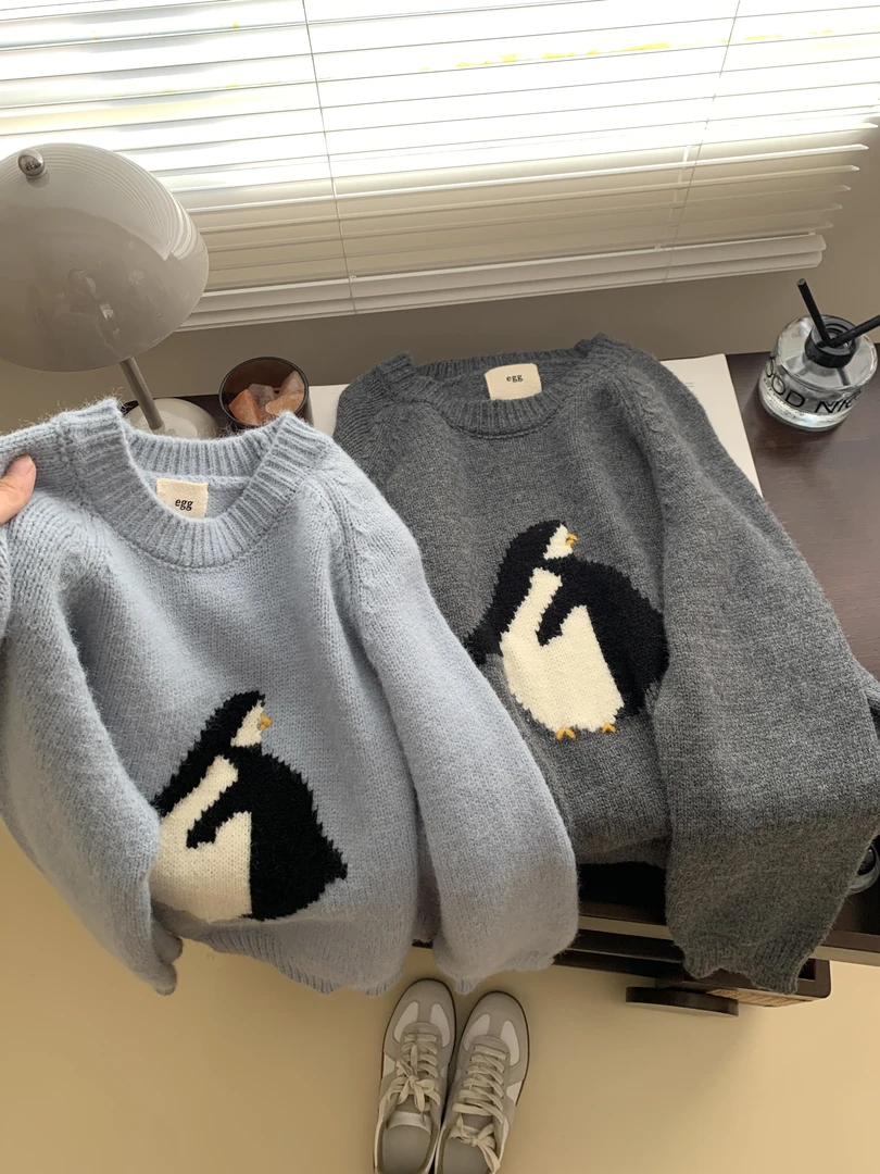 【企鹅毛衣】简约韩版企鹅圆领长袖针织衫时尚减龄百搭套头毛衣