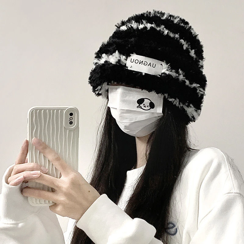 新款毛线帽子条纹显脸小女冬季针织毛绒保暖加厚大头围护耳堆堆帽