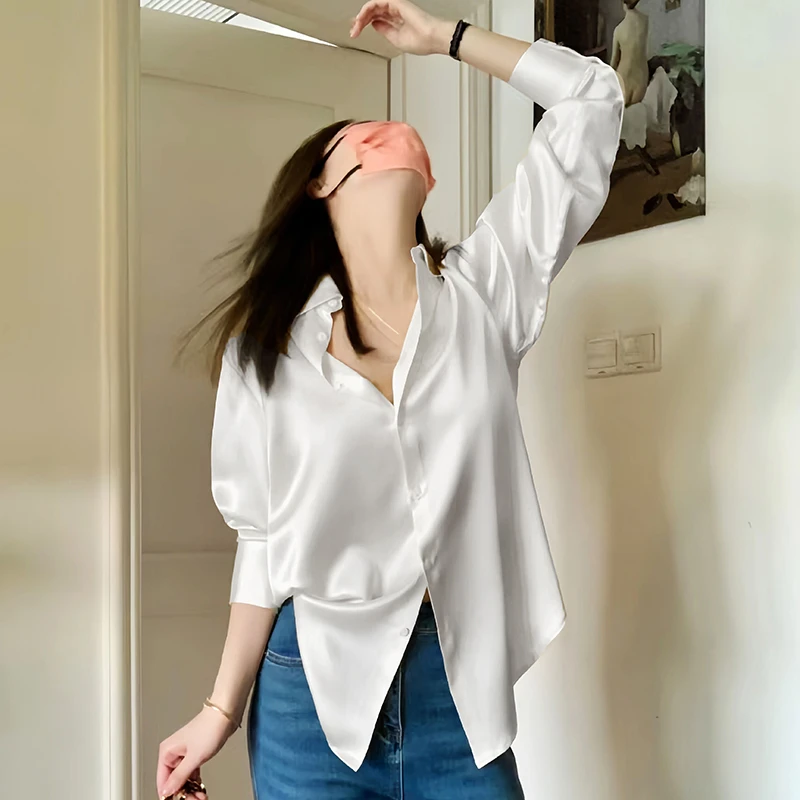 ins垂感白衬衫宽松设计感轻奢小众高级感气质长袖缎面衬衣女外穿