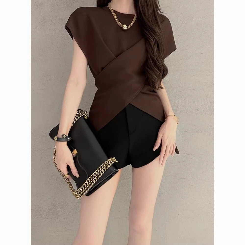 大码胖妹妹交叉韩版纯色短袖T恤女2024新款夏季显瘦遮肉气质上衣