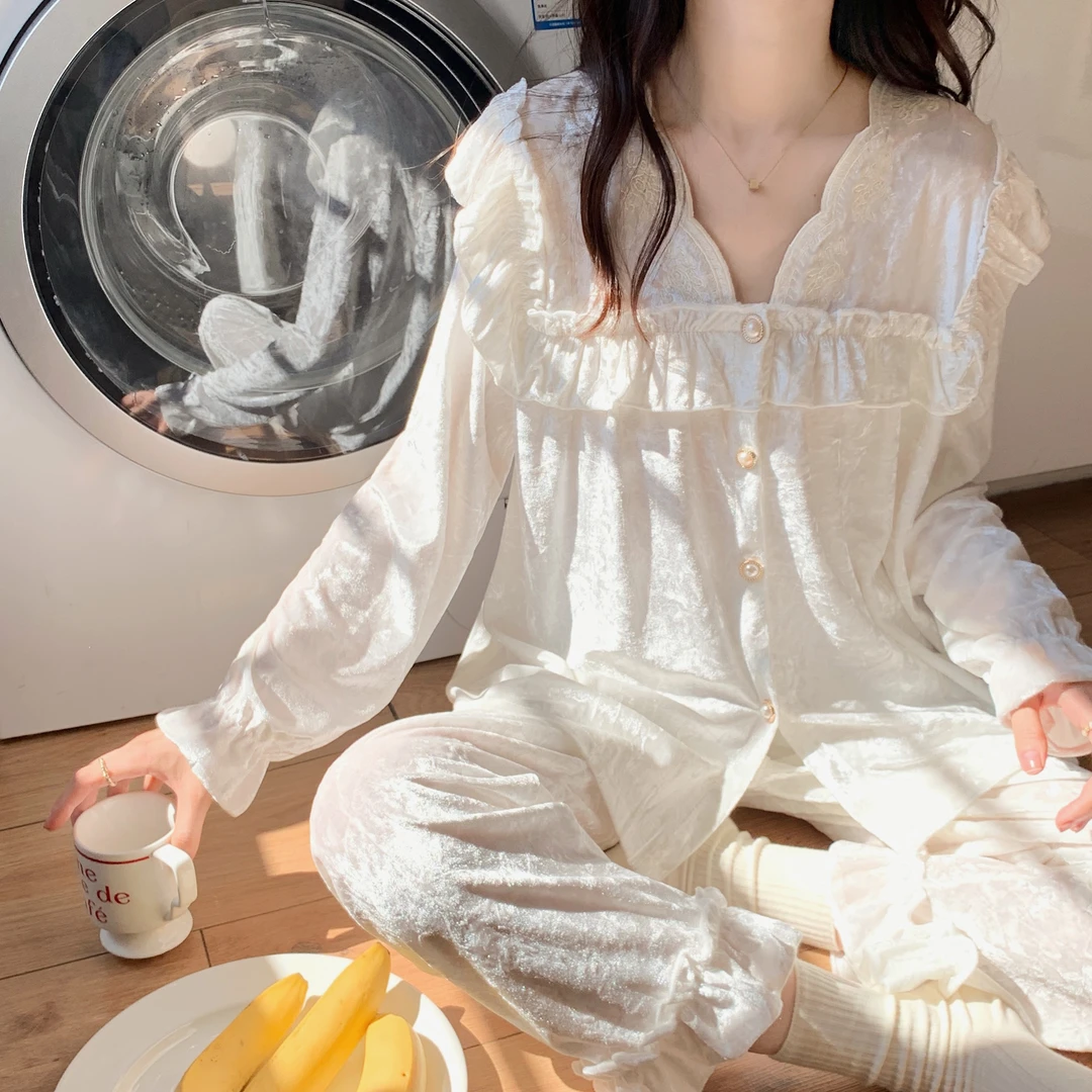 【秋冬新品】宫廷风金丝绒睡衣女春秋高级感刺绣家居服套装可外穿