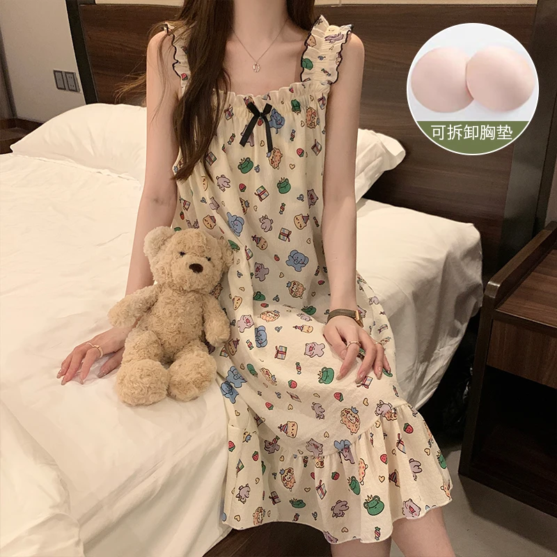 【粉丝专享】网红卡通动物睡裙女夏季梭织绉布可爱减龄连衣裙带胸垫