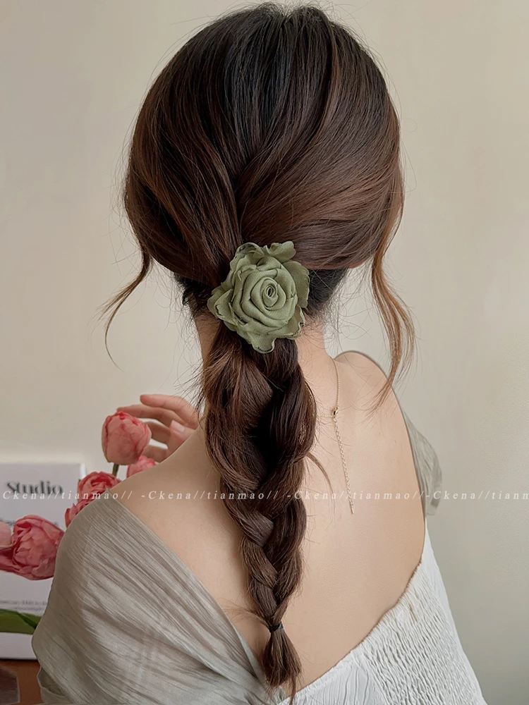 新中式国风粉色玫瑰花朵发圈高弹力不伤发高马尾皮筋头绳女发饰