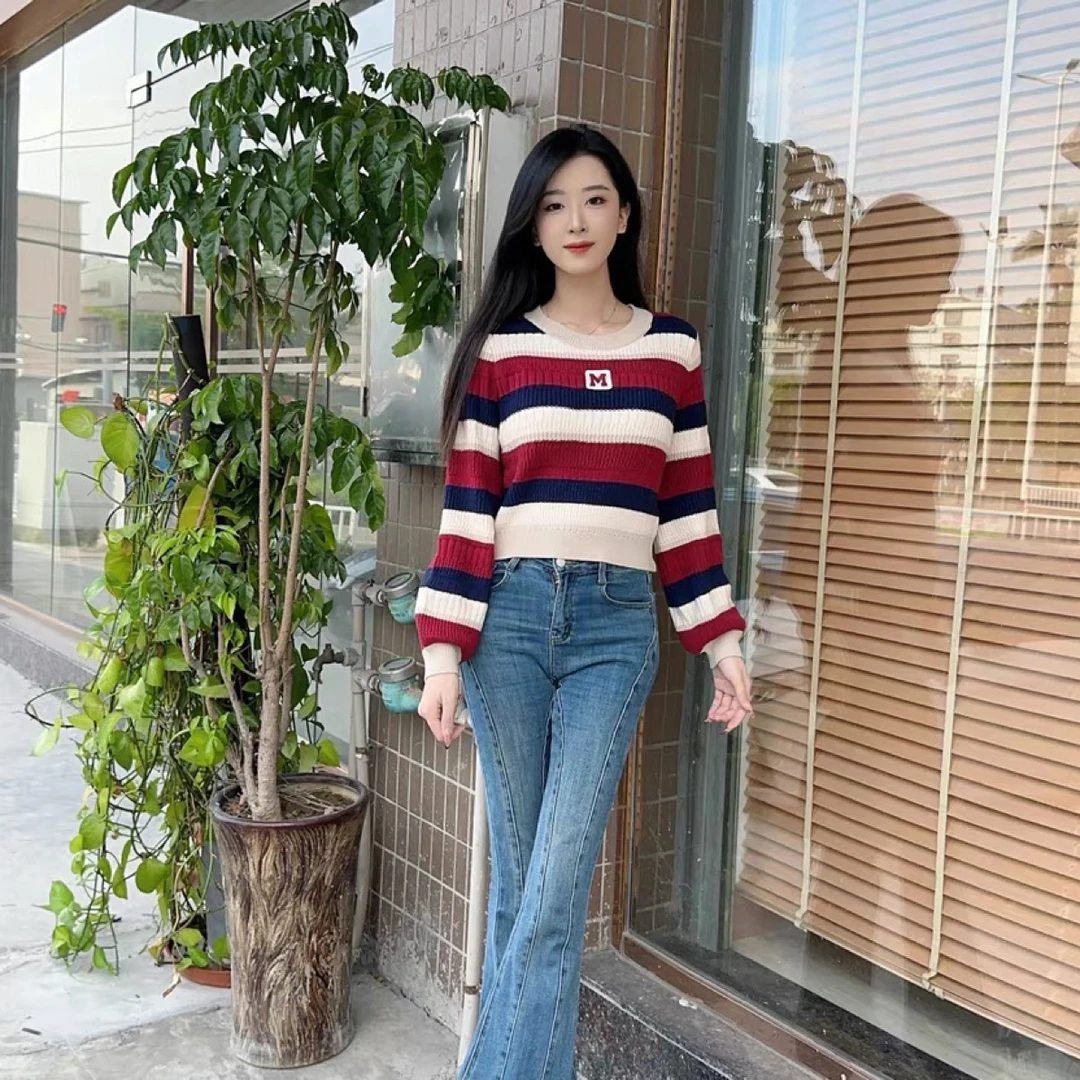 秋冬新款针织衫女宽松撞色条纹字母刺绣气质通勤毛衣