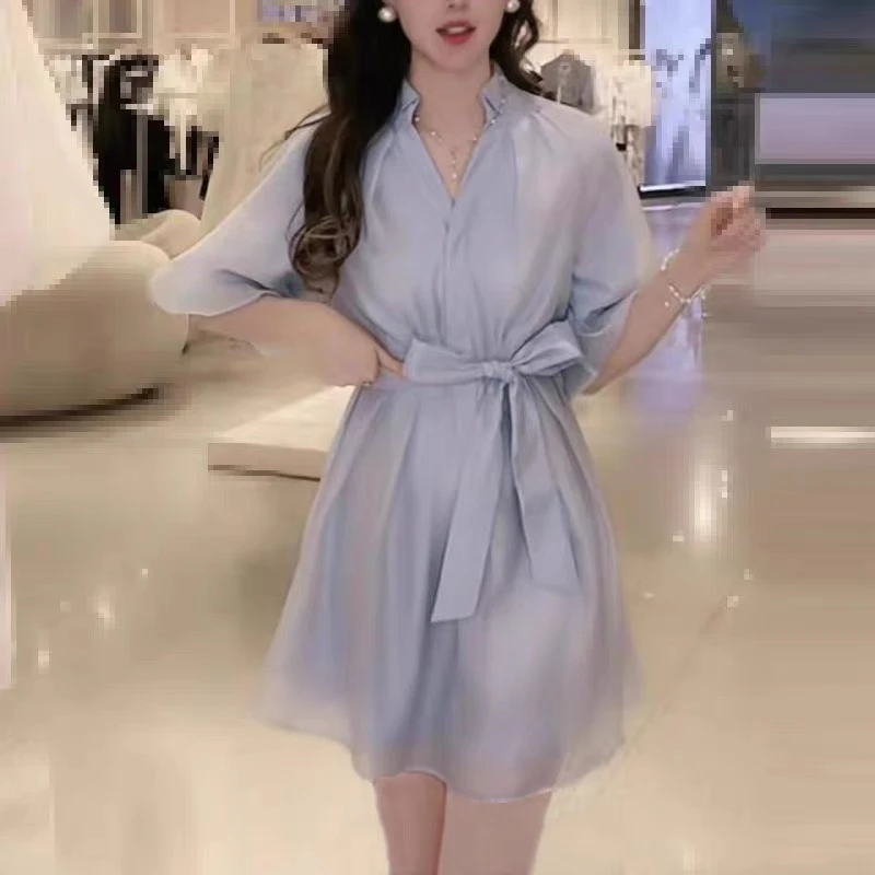 SYVMODA显瘦v领亮丝面料泡泡袖系腰带气质夏季连衣裙收腰洋气裙子