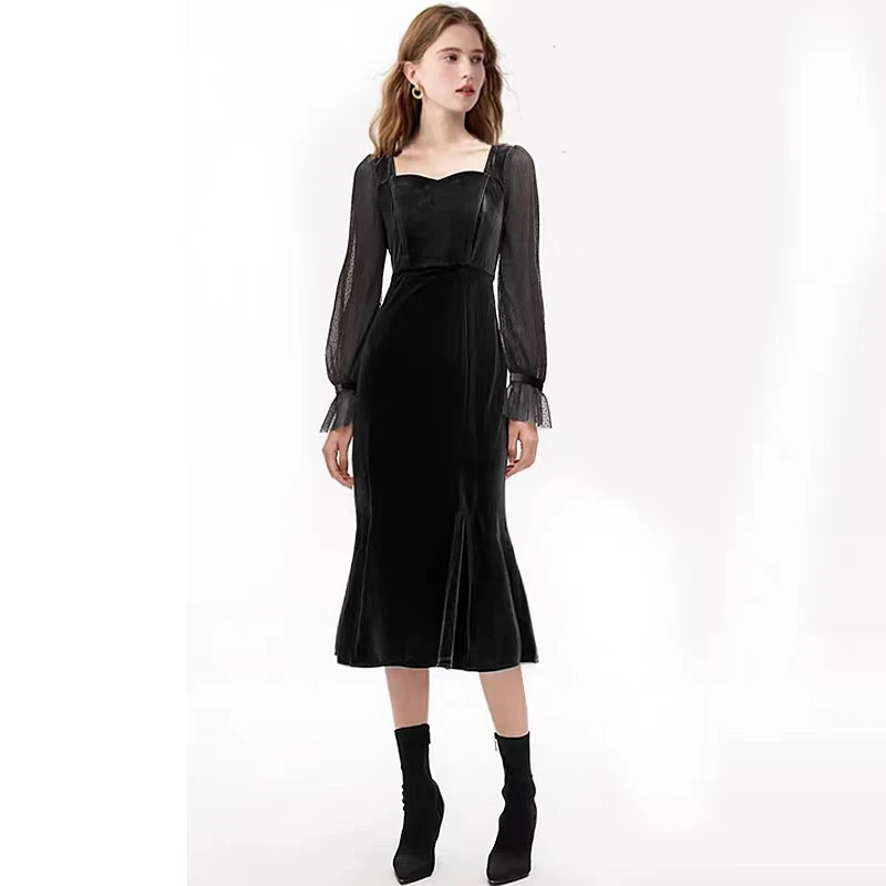 2024早秋新款天鹅绒拼接网纱鱼尾长裙钻石领型金丝绒连衣裙显瘦