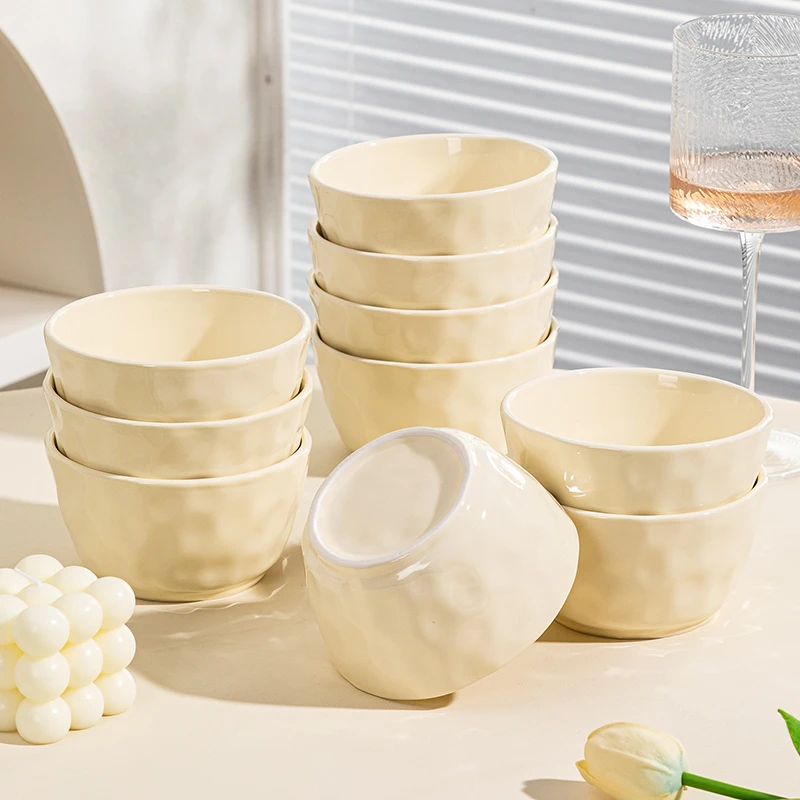 奶油风4.5英寸碗6个-黄色轻奢家用创意简约陶瓷日式米饭碗金边