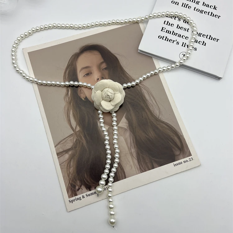 连衣裙山茶花腰带女高级感2025新款装饰夏花朵白色珍珠腰链小香风