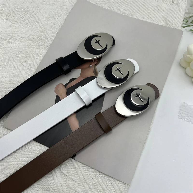 潮流复古月亮金属扣牛皮带小众ins 未来感男女牛仔裤配饰腰带真皮