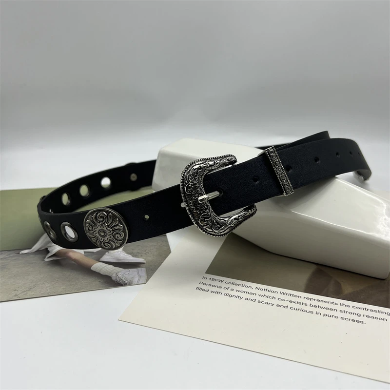 千禧辣妹女皮带配饰酷飒潮美式少女复古雕花百搭柳钉腰带女免打孔