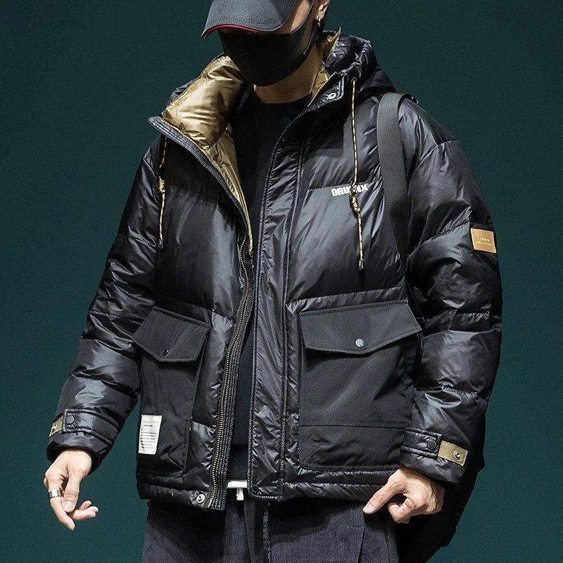 2024羽绒服男士短款宽松大码冬季加厚保暖潮牌连帽工装外套面包服