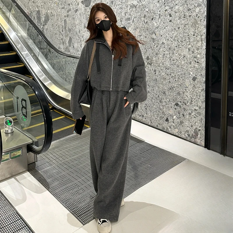 FC1休闲连帽运动卫衣套装秋冬高级感加棉保暖外套高腰阔腿裤两件