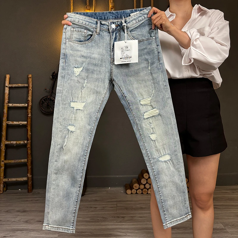 潮掌柜时尚潮流牛仔裤复古修身小脚裤子男款修身刮烂百搭牛仔裤男