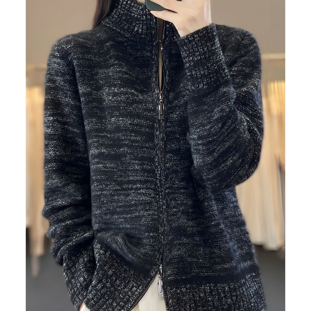 【品牌高货     100羊毛】新款花纱双头拉链加厚纯羊毛开衫ZN238900