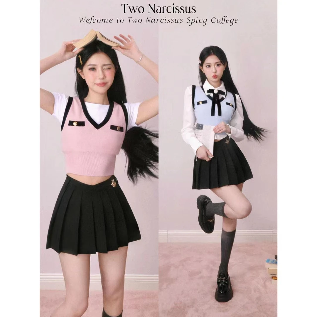 两只水仙 纯欲代号 春夏薄款针织背心收腰修身粉色蓝色灰色