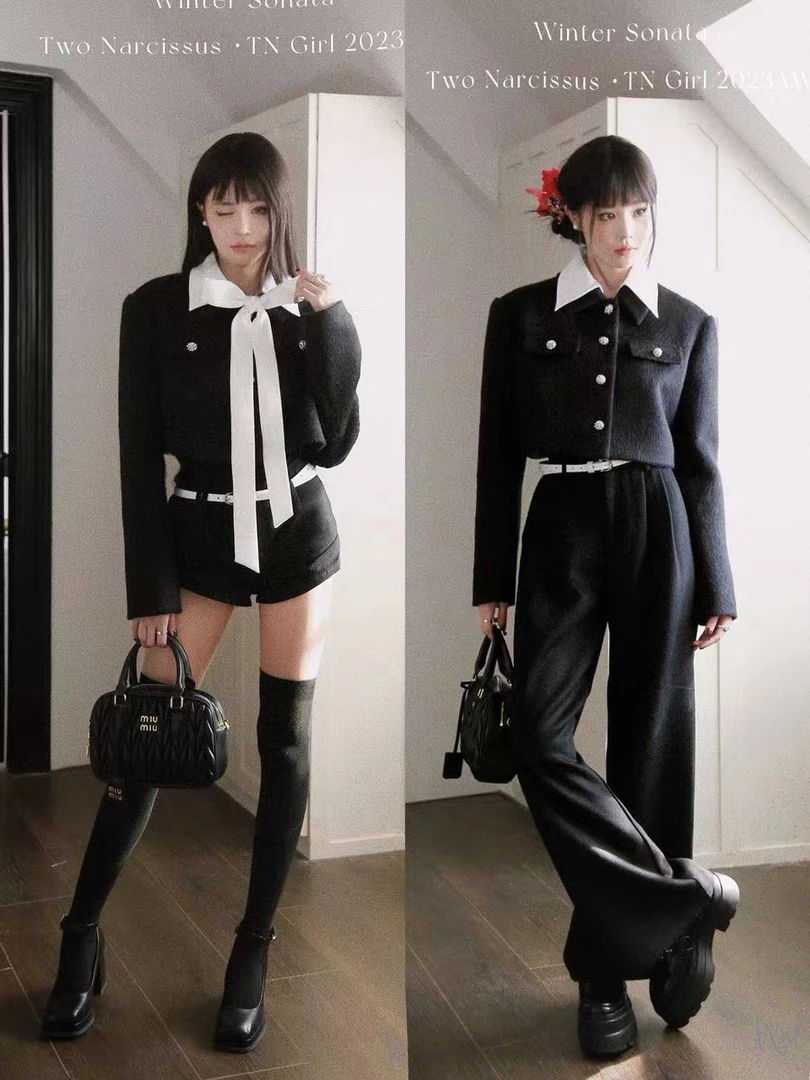 两只水仙 黑道千金 毛呢夹棉西装 外套假两件学院套装短裤蝴蝶结