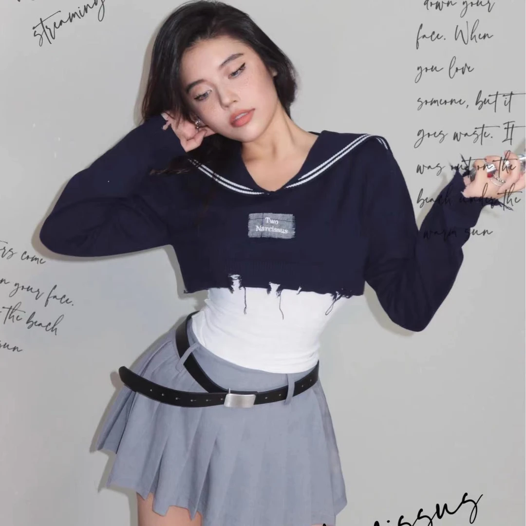 微瑕两只水仙纽约水手水手服针织衫套头拼布美式学院辣妹短裙套装