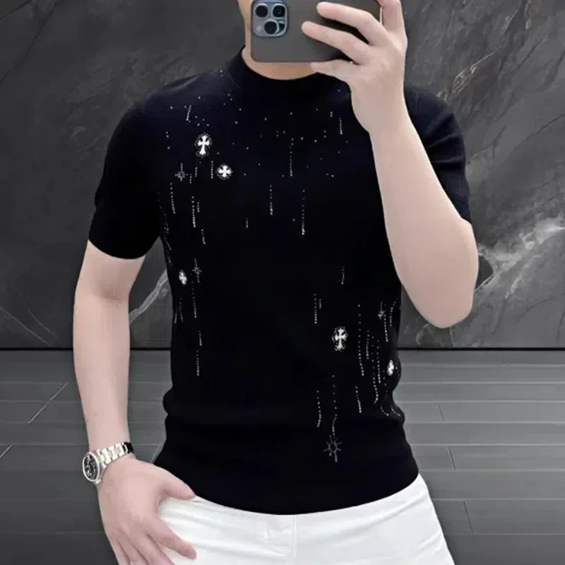 高级感毛衣男士短袖烫钻设计感休闲时尚轻奢修身圆领针织衫潮流